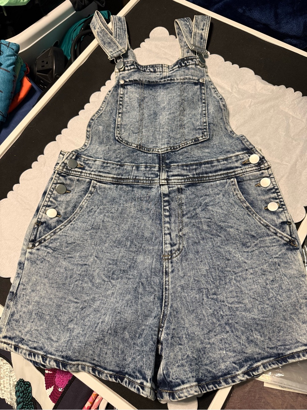 Acid Wash Denim Short Overalls - Blue